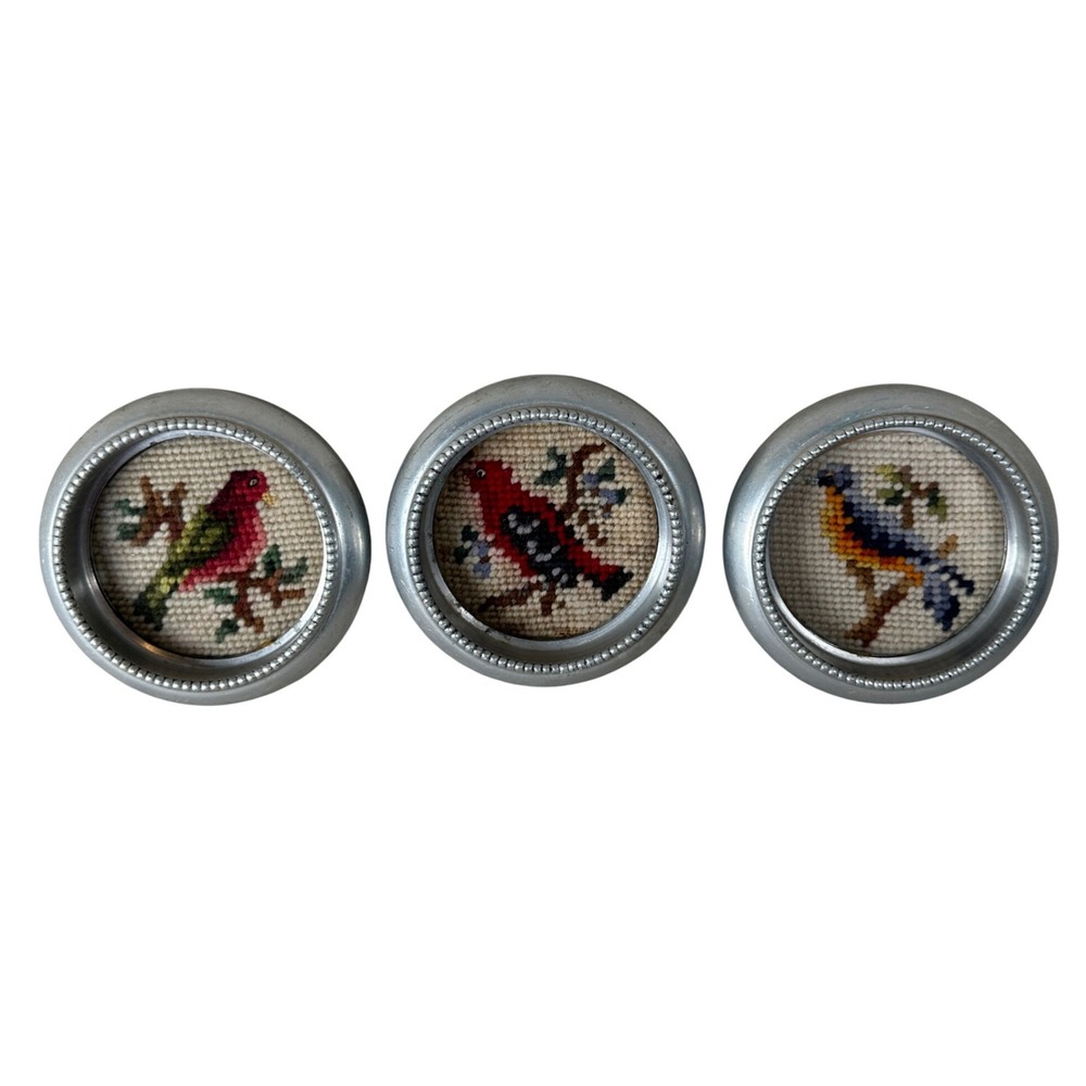 Vintage‎ Aluminum Needlepoint Bird Coasters Set of 3 Cottage Grandma